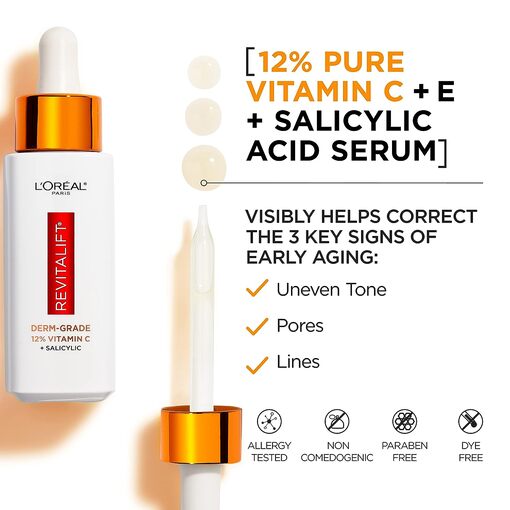 A bottle of 12% Pure Vitamin C Serum, a potent formula that illuminates and revitalizes the skin