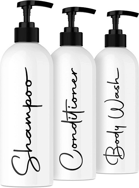 Alora 16oz Refillable Shampoo and Conditioner Dispenser Bottles - Set of 3 - Stylish Labels - Pump Bottle Dispenser for Shampoo, Conditioner, Body Wash - Empty Plastic Refillable Containers for Shower