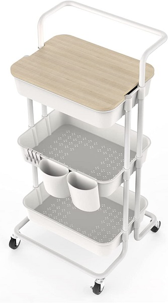 DTK 3 Tier Utility Rolling Cart with Cover Board, Rolling Storage Cart with Handle and Locking Wheels Kitchen Cart with 2 Small Baskets and 4 Hooks for Bathroom Office Balcony Living Room(White)