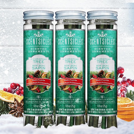 Three bottles of Scentsicles O Christmas Tree Scented Ornaments with Hooks