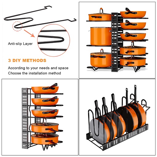 Werseon 8-tier pot rack organizer, adjustable shelves, stores pots, pans, lids.