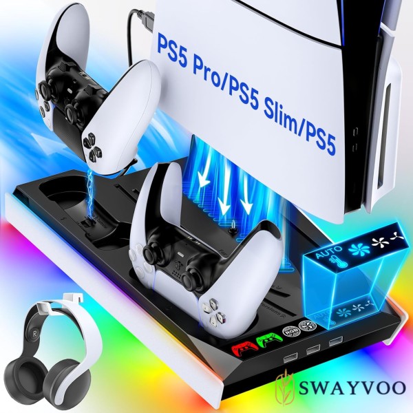Walmart: SWAYVOO PS5 Cooling Stand with Fan for PlayStation 5 Console, Controller Charging Dock, Compatible with PS5 Disc, Digital, Slim & Pro, Black