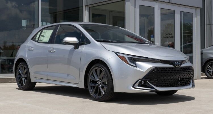 Toyota Corolla Hatchback display at a dealership. Toyota offers the Corolla Hatchback in SE and XSE models