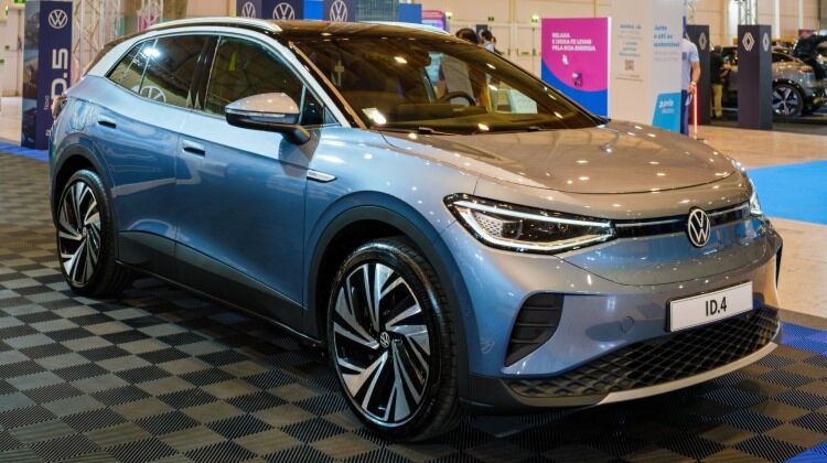 SUV Electric Volkswagen ID.4 Blue Color Displayed Indoors at an Auto Show